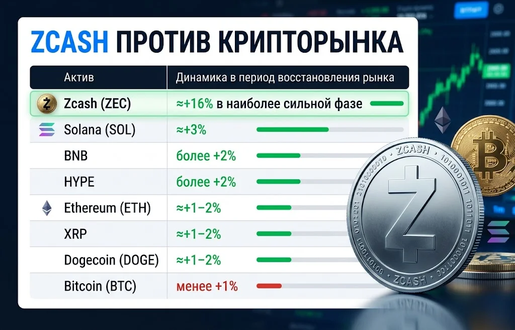 Zcash вырос на 23% за неделю: лидер после повышения ставки ФРС 2 Сравнение динамики ZEC, SOL, BNB, ETH, XRP, DOGE и Bitcoin