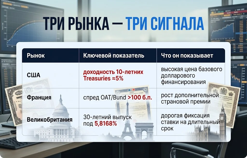 Сравнение Treasuries США, французских OAT и британских gilts по ключевым показателям