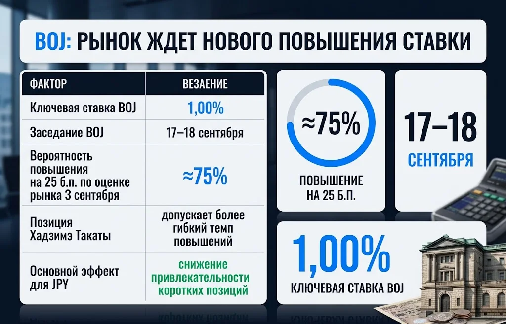 Инфографика показывает ставку BOJ 1,00% и вероятность повышения примерно 75%