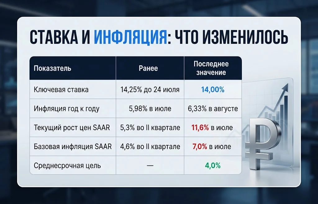 Таблица со ставкой 14% и ростом годовой инфляции в России до 6,33%
