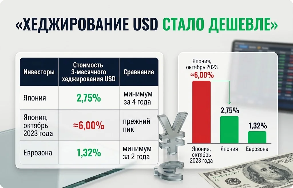 Сравнение трехмесячного хеджирования USD: Япония 2,75%, прежний пик 6,00% и еврозона 1,32%