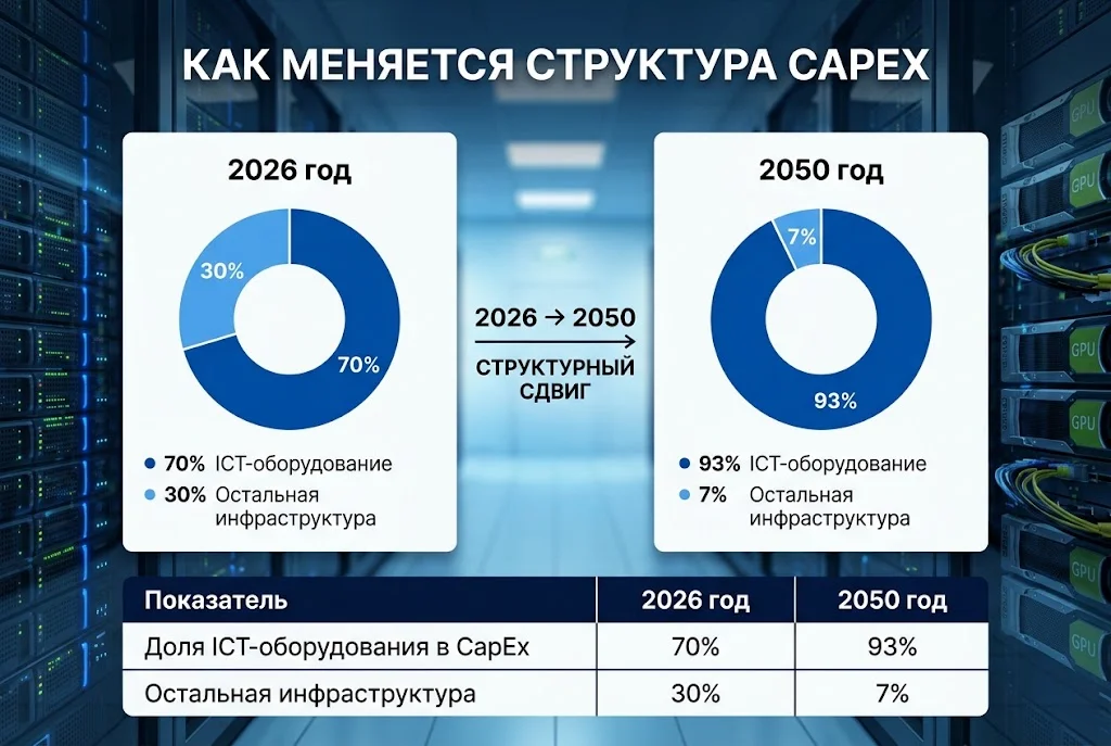 Сравнение структуры CapEx: ICT-оборудование занимает 70% в 2026 году и 93% в 2050 году