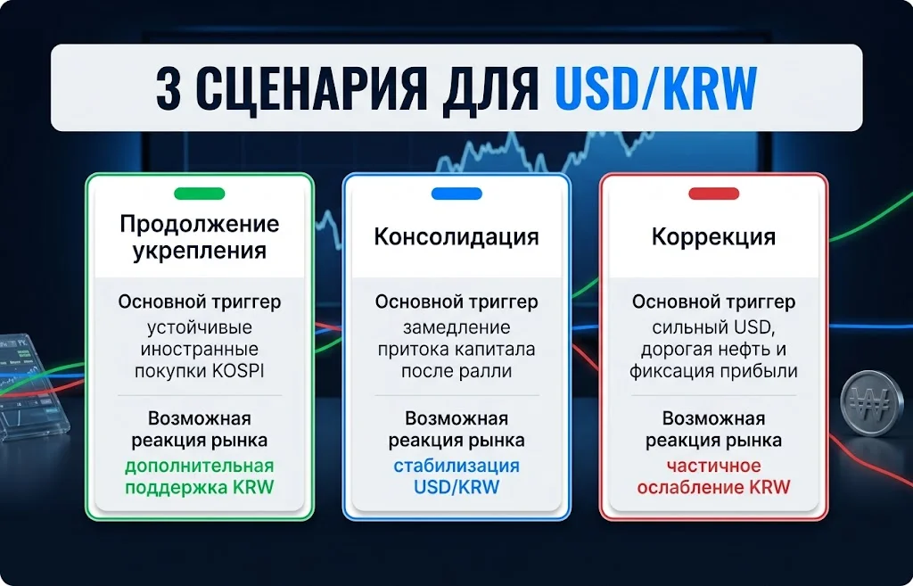 Сценарии укрепления, консолидации и коррекции KRW в зависимости от потоков капитала и внешних факторов