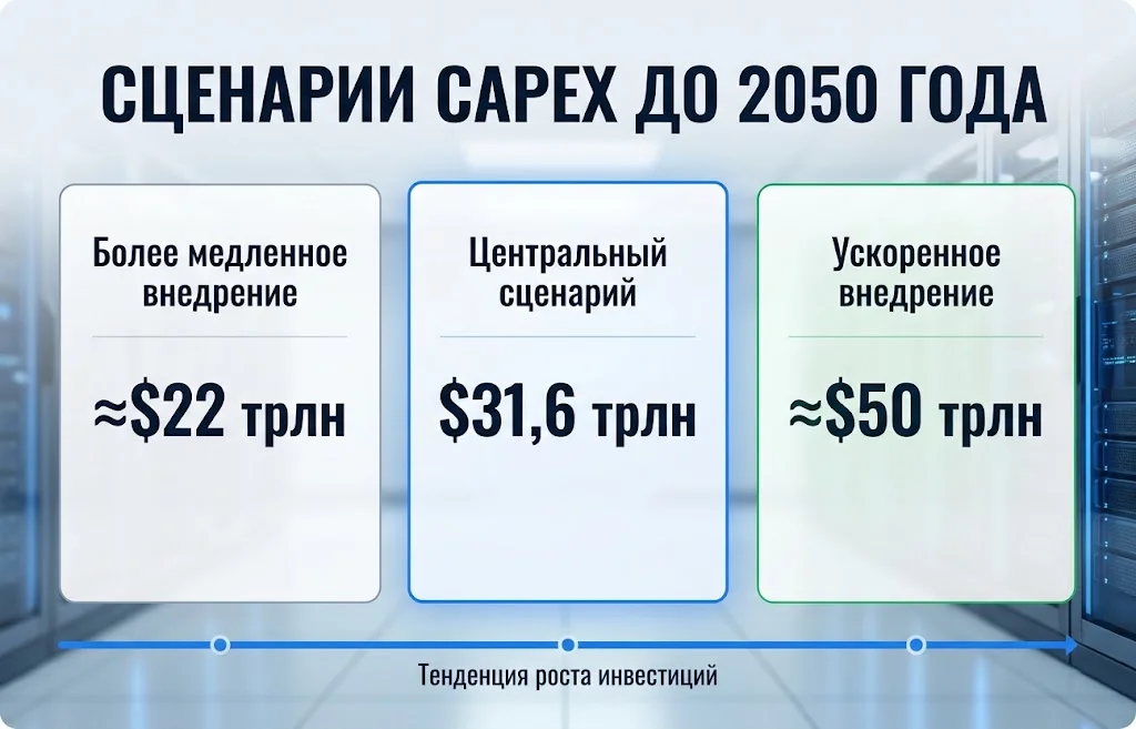 Сравнение трех сценариев CapEx дата-центров от ≈$22 трлн до ≈$50 трлн