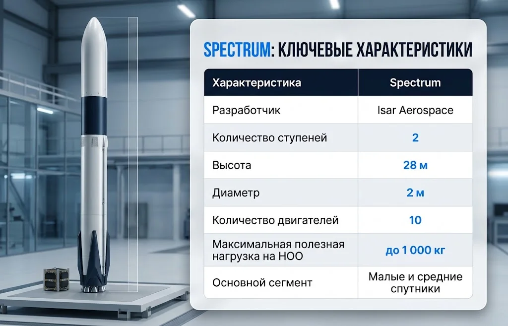 Инфографика с высотой, диаметром, двигателями и грузоподъемностью ракеты Spectrum