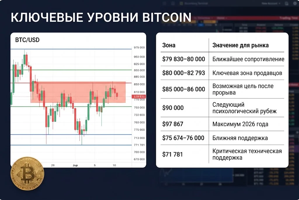 Технические уровни BTC от поддержки $71 781 до сопротивления $82 793