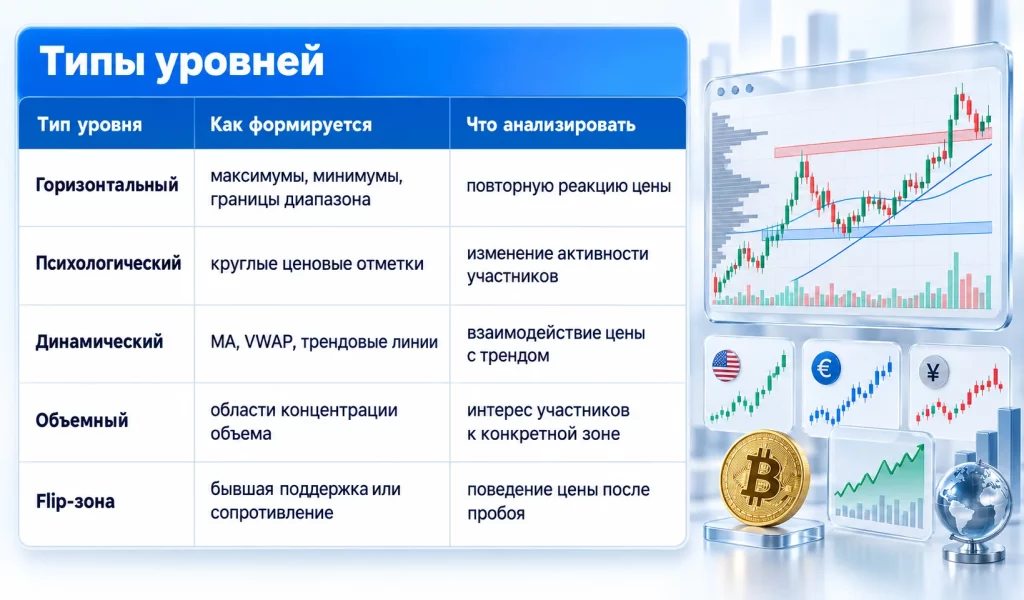 Типы уровней поддержки и сопротивления