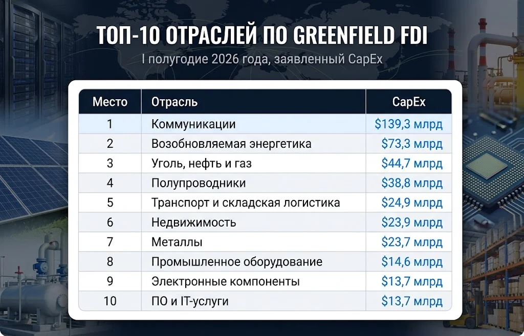 Таблица десяти крупнейших отраслей по заявленным иностранным инвестициям в первом полугодии 2026 года