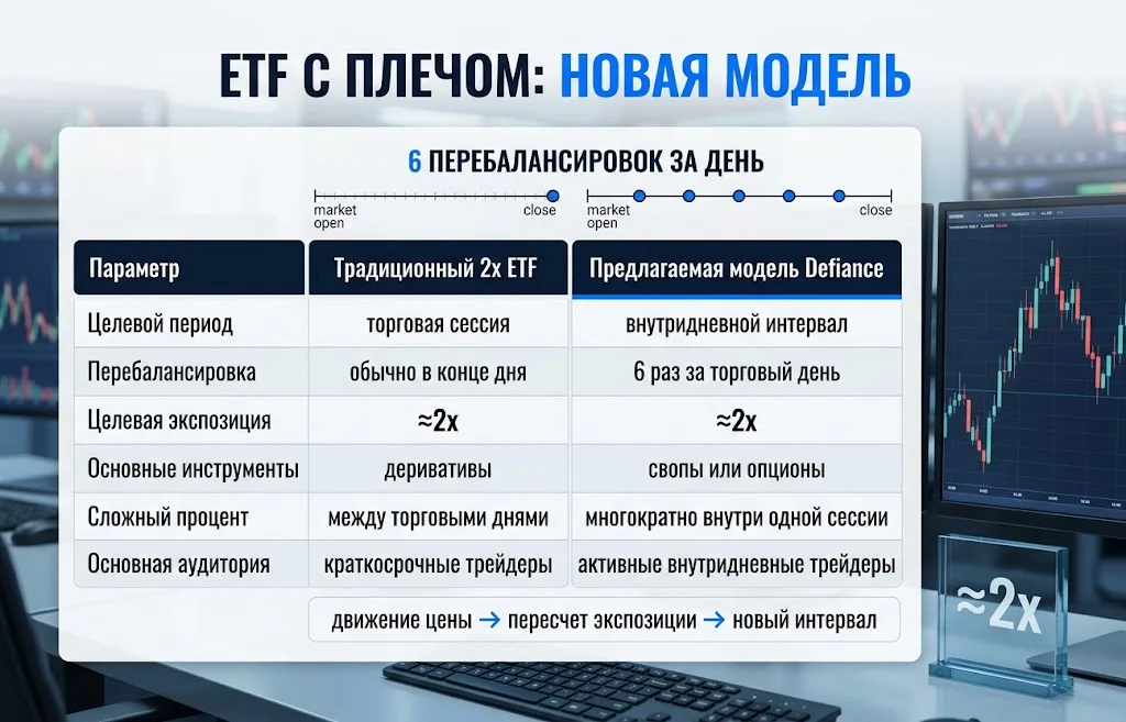 Сравнение традиционного 2x ETF и модели Defiance с шестью перебалансировками за торговый день