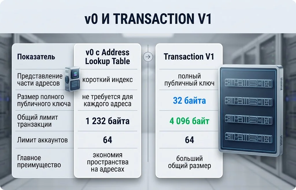 Сравнение транзакций v0 с Address Lookup Table и нового формата Transaction V1