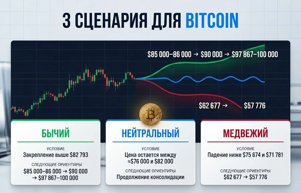Бычий, нейтральный и медвежий сценарии BTC с ключевыми ценовыми ориентирами
