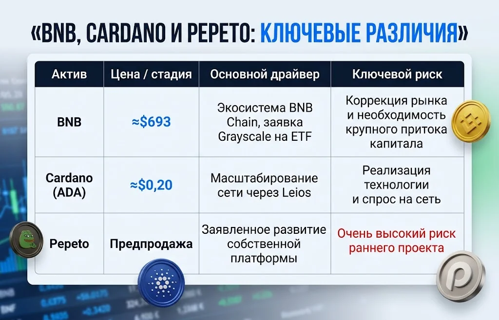 Таблица сравнивает BNB по ≈$693, Cardano по ≈$0,20 и Pepeto на стадии предпродажи
