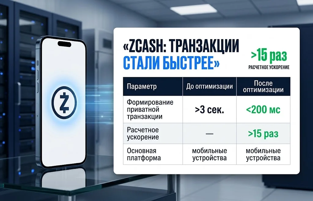 Смартфон и таблица сокращения времени приватной транзакции Zcash с более 3 секунд до 200 мс
