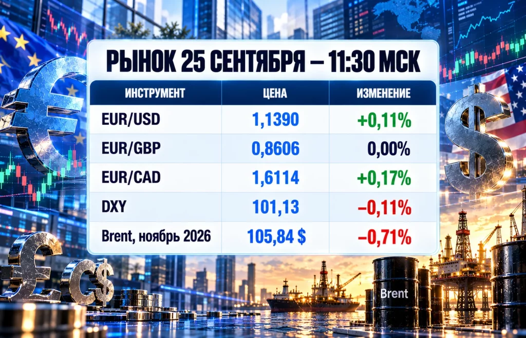 Таблица EUR/USD, EUR/GBP, EUR/CAD, DXY и Brent на 11:30 мск