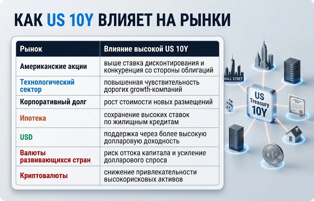 Таблица влияния высокой доходности Treasuries на акции, USD, ипотеку и криптовалюты