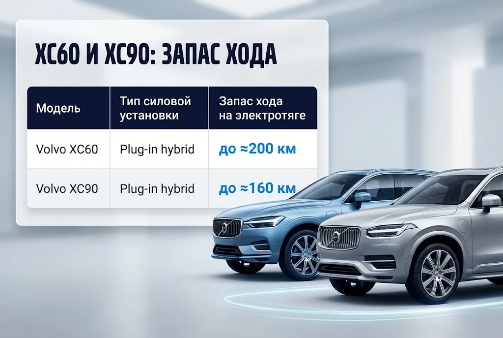 Таблица Volvo XC60 и XC90 с запасом хода до 200 и 160 км