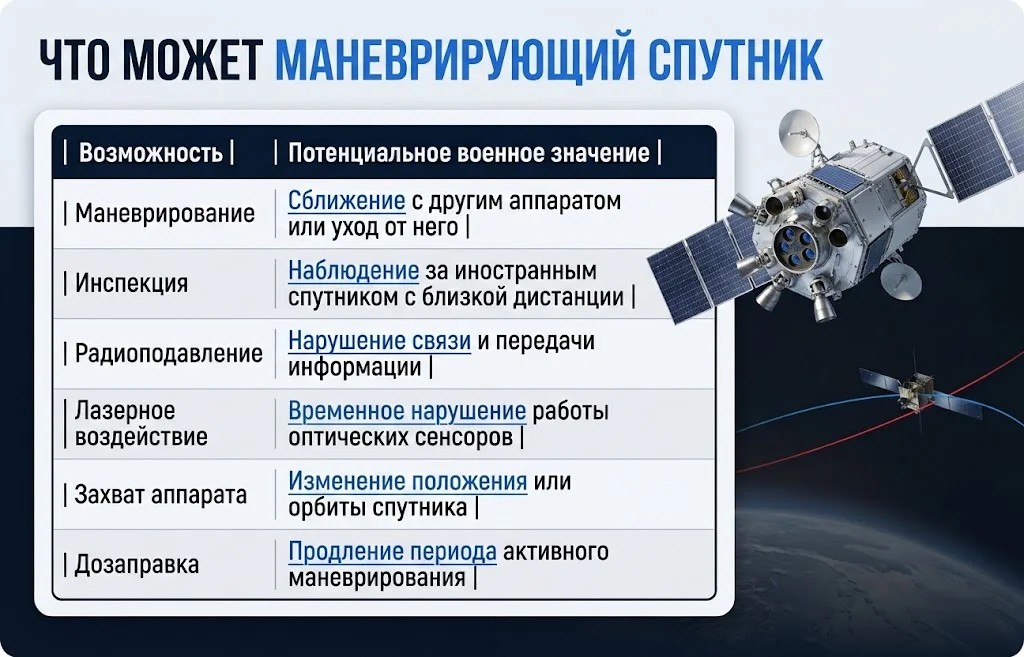 Таблица показывает маневрирование, инспекцию, радиоподавление, лазерное воздействие, захват и дозаправку спутников