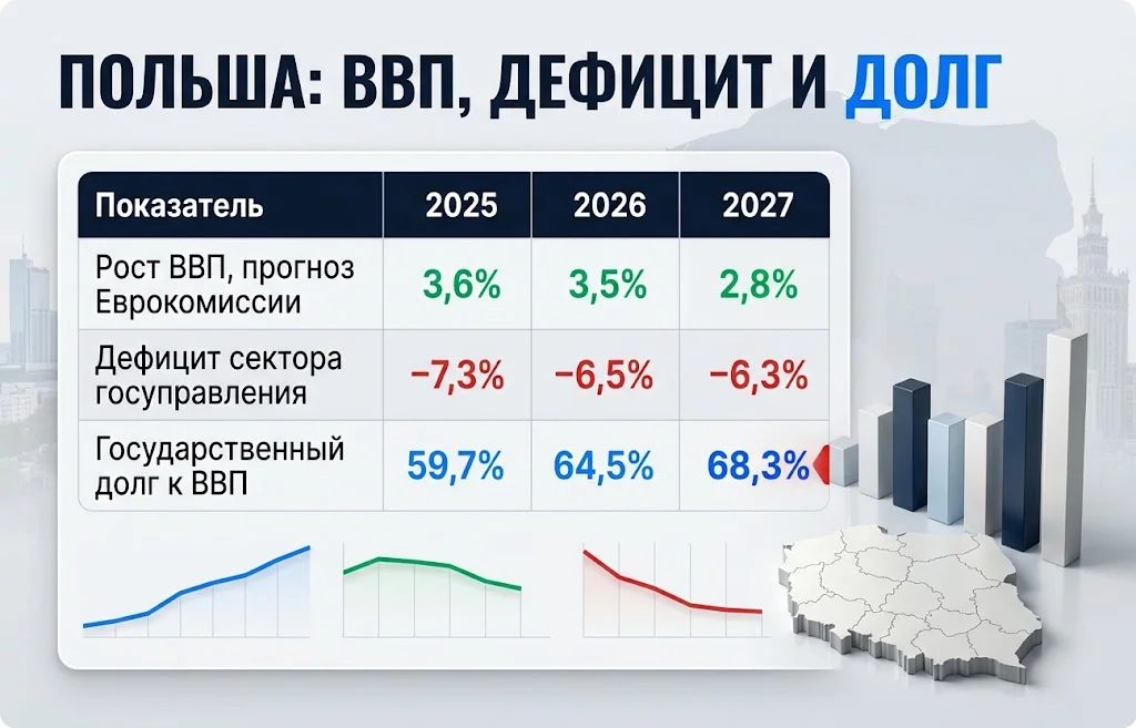 Кредитный рейтинг Польши снижен: Moody’s указало на долг 2 Таблица прогноза ВВП, дефицита и государственного долга Польши на 2025–2027 годы