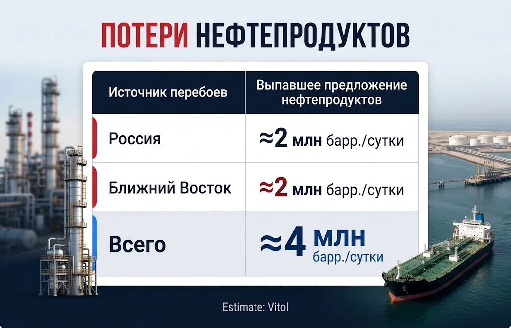 Дефицит дизеля: Трамп обвинил Украину, но что с Ормузом? 1 Таблица показывает около 2 млн баррелей выпавших нефтепродуктов в сутки для каждого региона