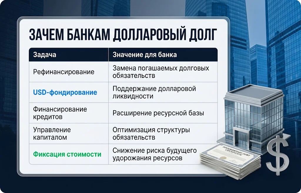 Таблица целей долларового фондирования банков: рефинансирование, ликвидность, кредиты и управление капиталом