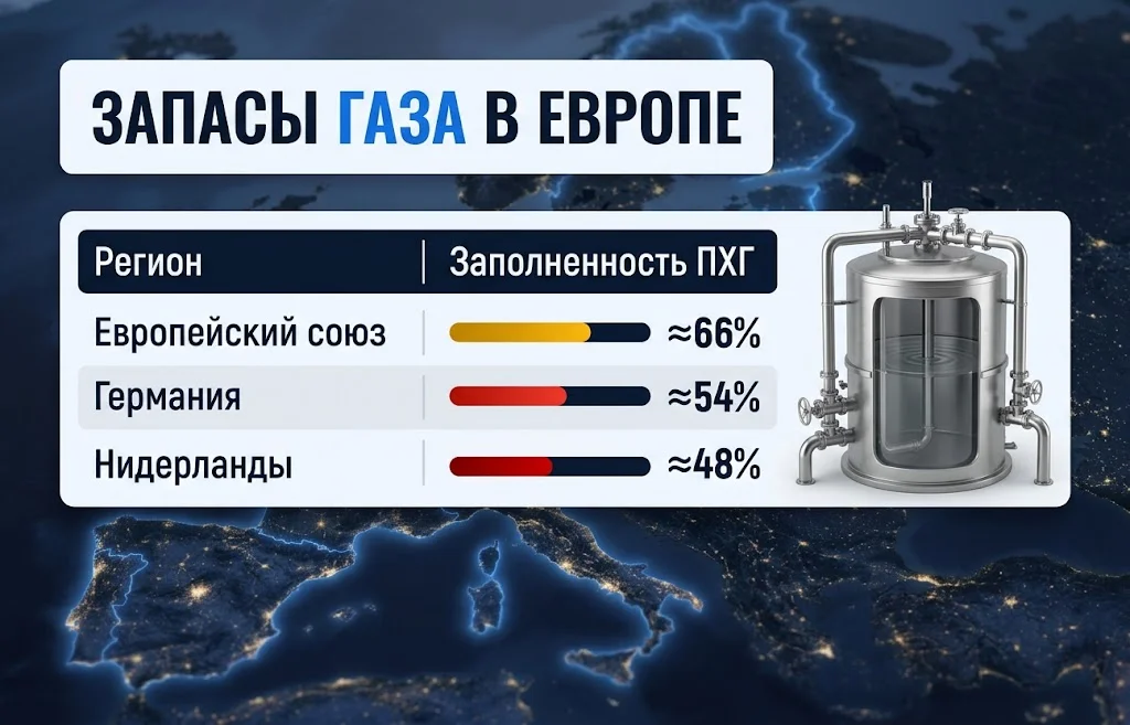 Заполненность ПХГ составляет около 66% в ЕС, 54% в Германии и 48% в Нидерландах