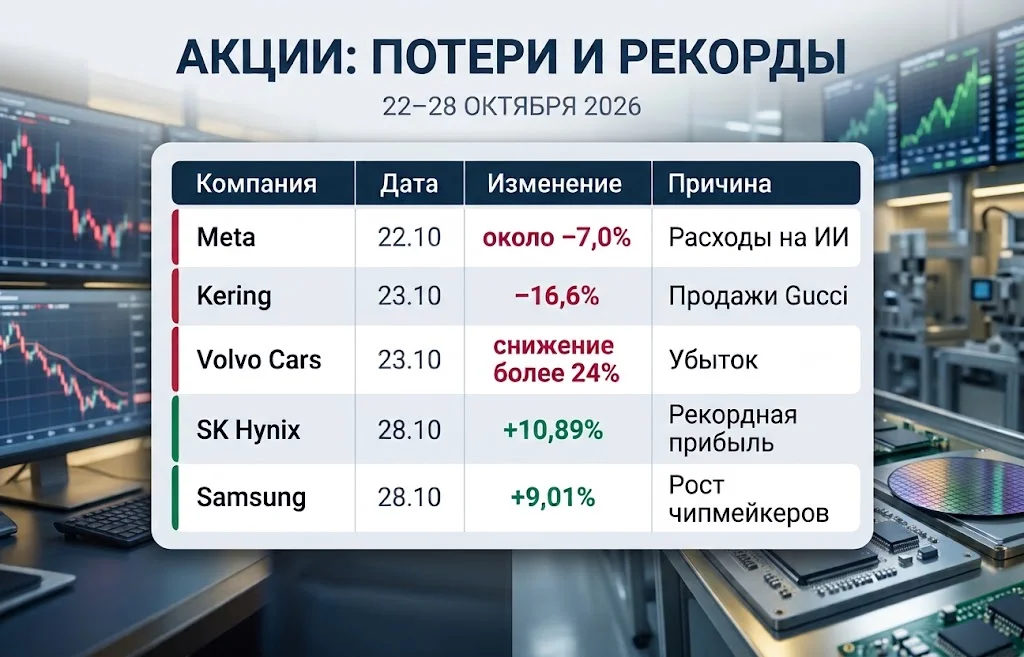 Сравнение изменений акций Meta, Kering, Volvo Cars, SK hynix и Samsung Electronics в октябре 2026 года
