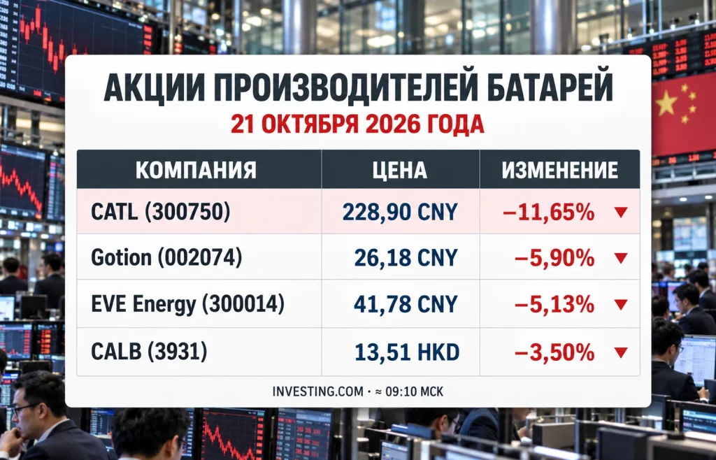 Сравнительная таблица снижения акций CATL, Gotion, EVE Energy и CALB 21 октября 2026 года