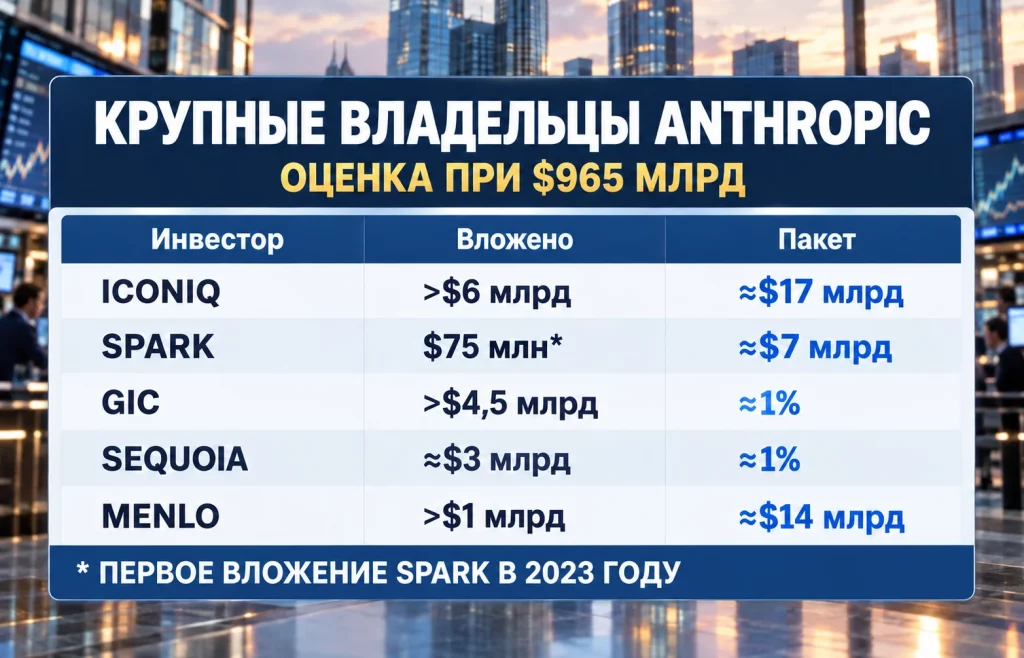 Таблица вложений и стоимости долей Iconiq, Spark, GIC, Sequoia и Menlo в Anthropic