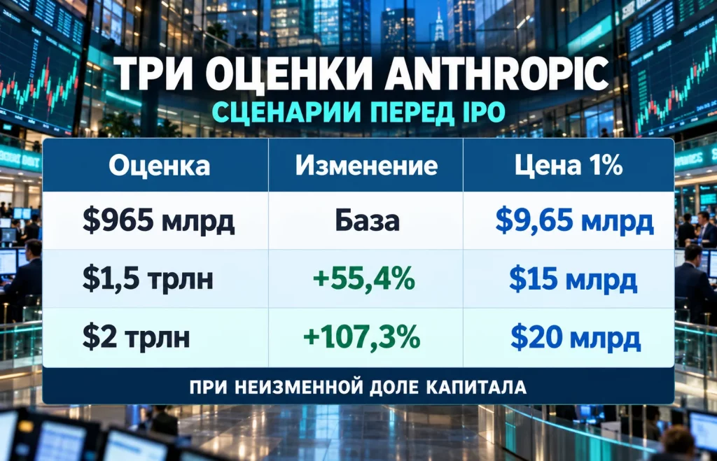 Сравнение оценок Anthropic на 965 миллиардов, 1,5 триллиона и 2 триллиона долларов