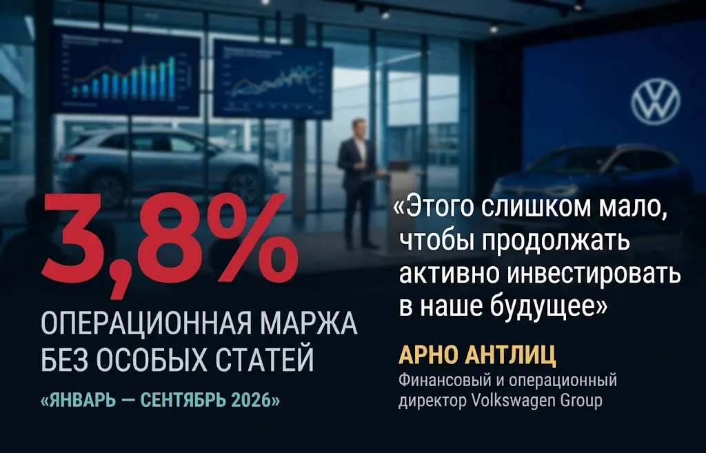 Убытки Volkswagen: €5,9 млрд против прибыли конкурентов 2 Цитата финансового директора Volkswagen Арно Антлица об операционной марже 3,8 процента