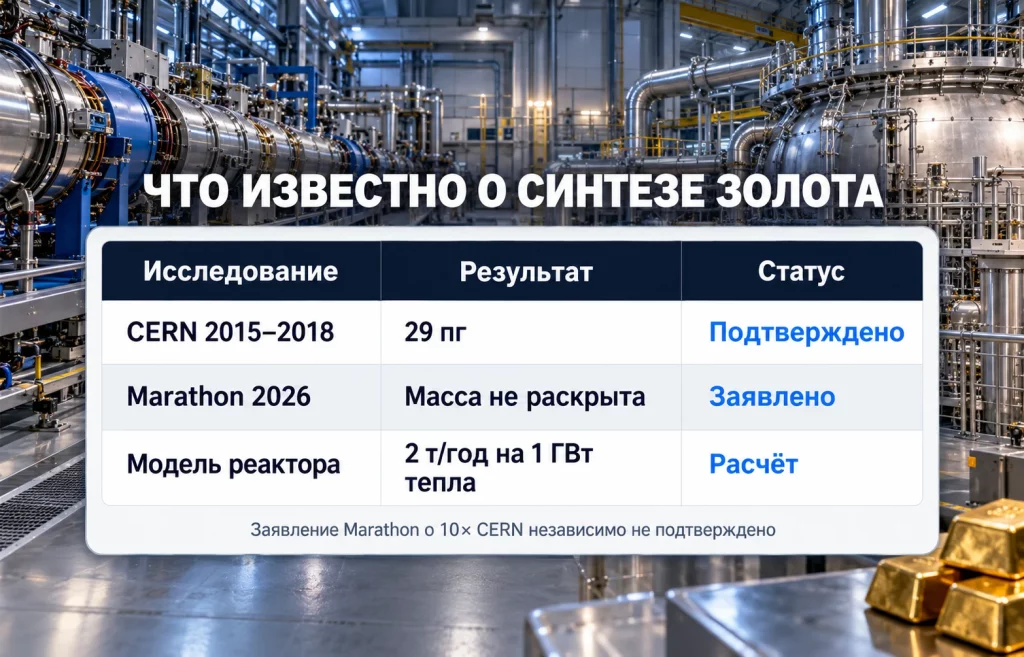 Сравнение результатов CERN, заявления Marathon Fusion и расчётного производства золота в термоядерном реакторе