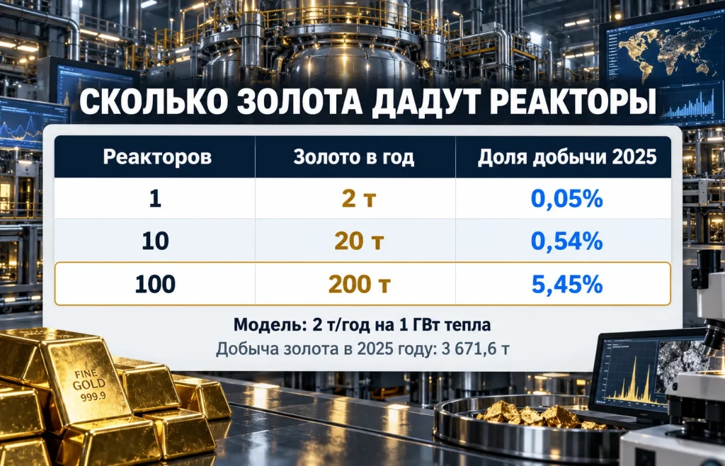 Сравнение расчётного производства золота от 1, 10 и 100 термоядерных реакторов с мировой добычей
