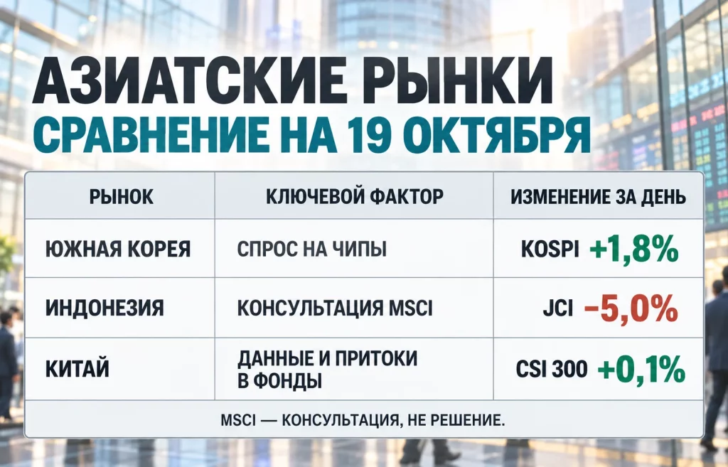 Таблица сравнивает KOSPI, JCI и CSI 300 и причины их движения 19 октября 2026 года