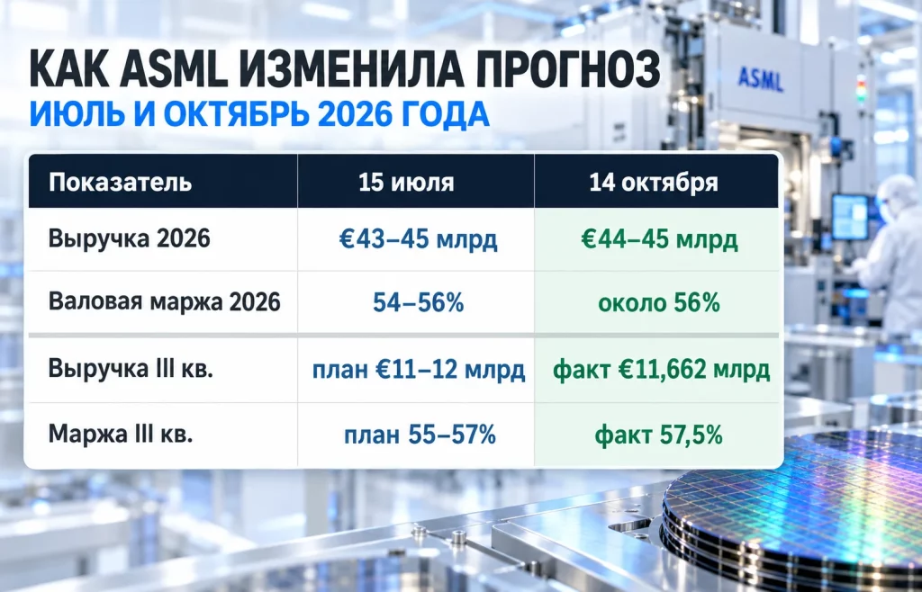 ASML не успевает за ИИ: прогноз выручки снова повышен 3 Таблица сравнения годовых прогнозов ASML и результатов третьего квартала по данным июля и октября 2026 года