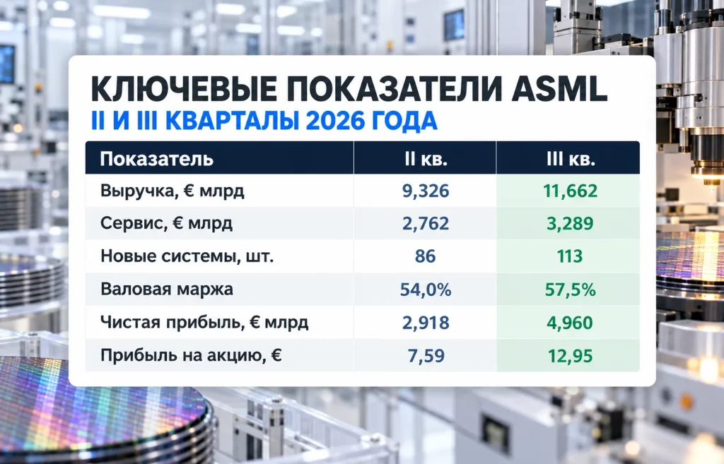 ASML не успевает за ИИ: прогноз выручки снова повышен 1 Таблица выручки, прибыли, рентабельности и продаж литографических систем ASML во втором и третьем кварталах 2026 года