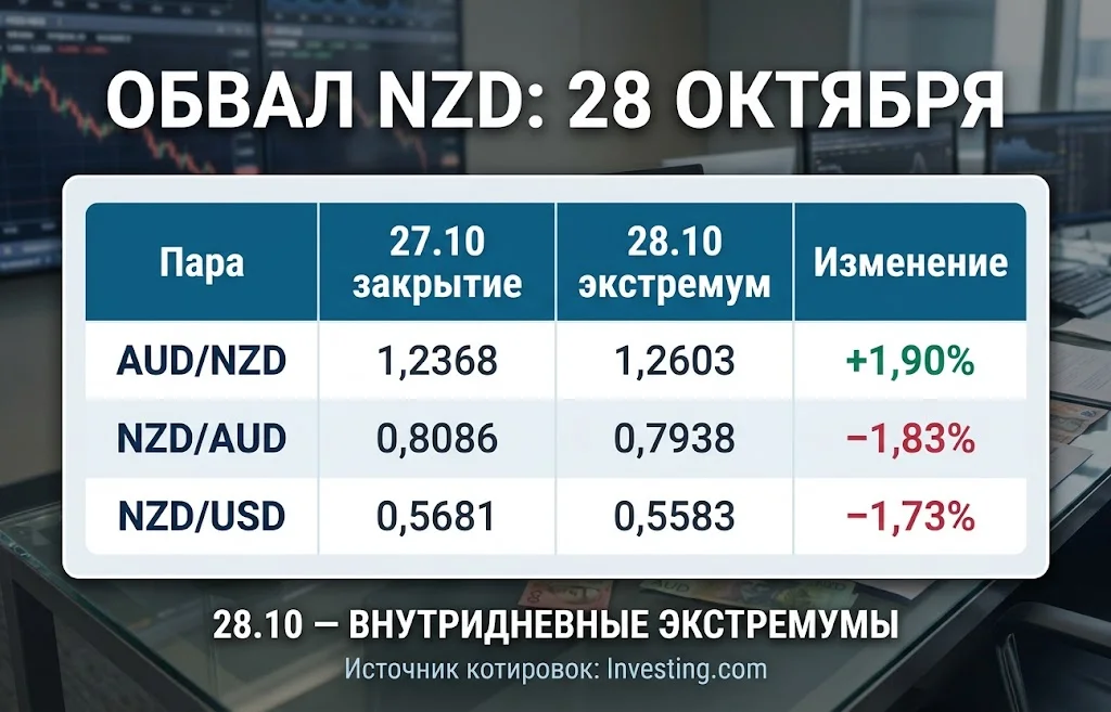 Таблица изменения AUD/NZD, NZD/AUD и NZD/USD между закрытием 27 октября и экстремумами 28 октября