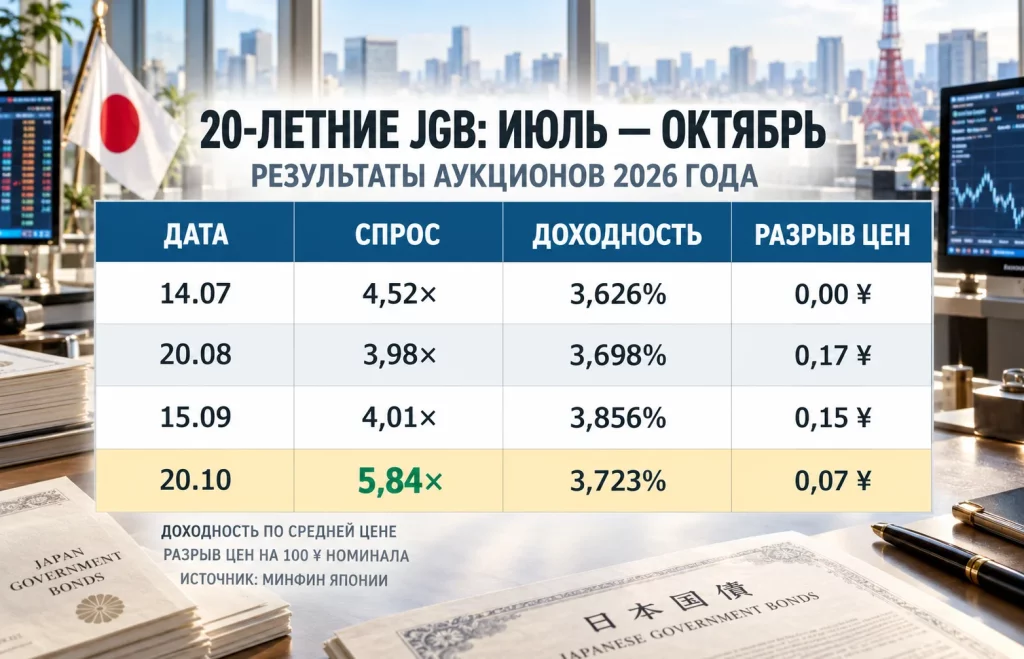 Сравнение спроса, доходности и разницы цен на аукционах японских облигаций с июля по октябрь 2026 года