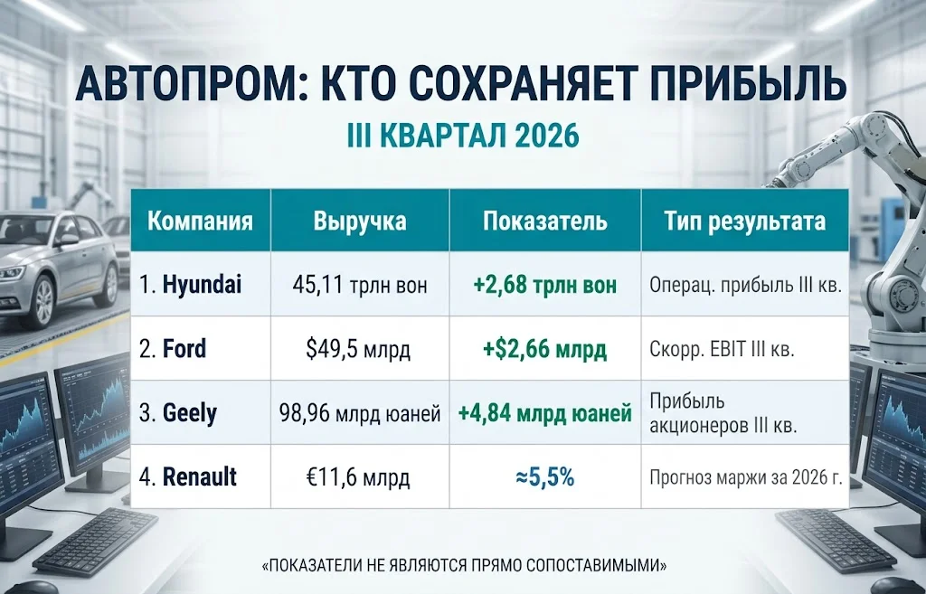 Убытки Volkswagen: €5,9 млрд против прибыли конкурентов 3 Таблица выручки прибыли и прогнозной маржи автопроизводителей за третий квартал 2026 года