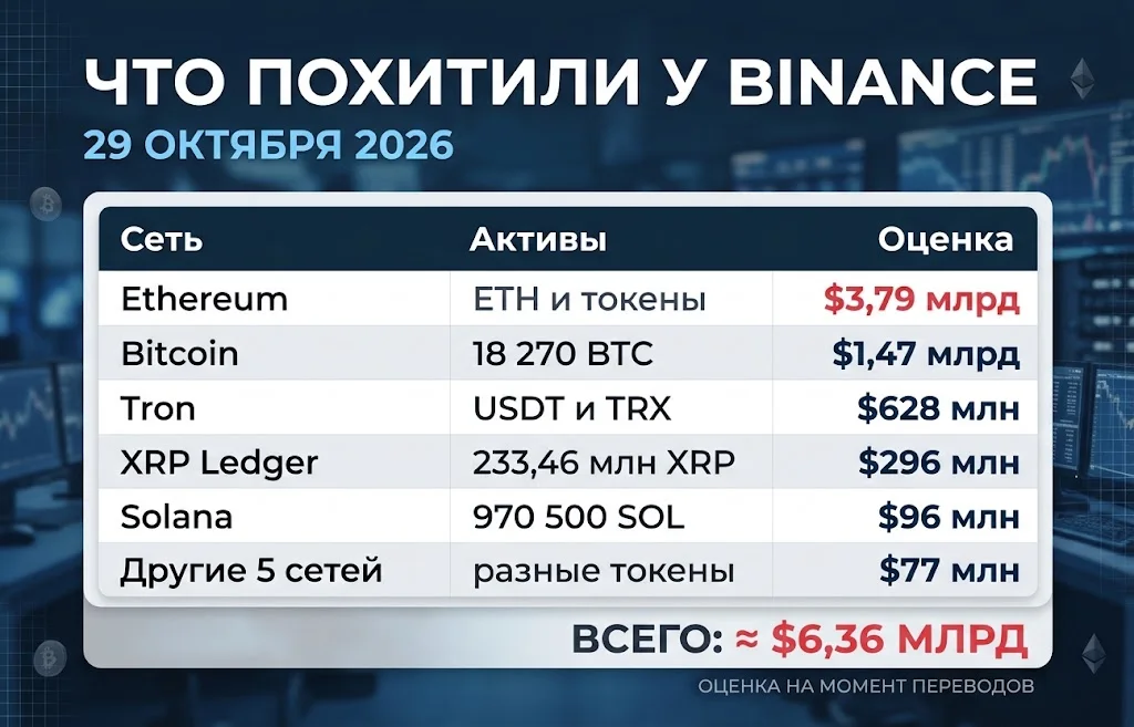 Таблица стоимости похищенных у Binance криптовалют в Ethereum, Bitcoin, Tron, XRP Ledger и Solana