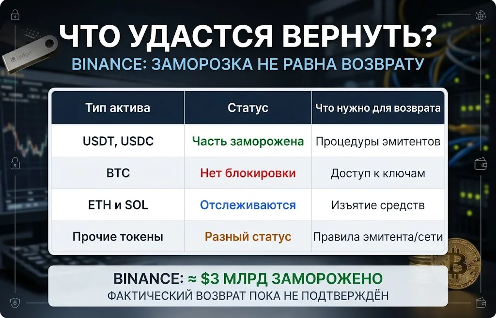 Сравнительная таблица возможностей блокировки и возврата USDT, USDC, Bitcoin, Ethereum и других криптовалют