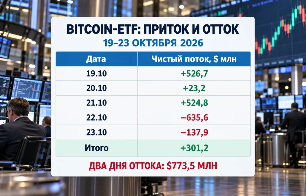 Дайджест криптоновостей за 26.10.2026: BTC ниже $80 000 1 Таблица чистых потоков американских Bitcoin-ETF за пять торговых дней с итогом плюс 301,2 млн долларов