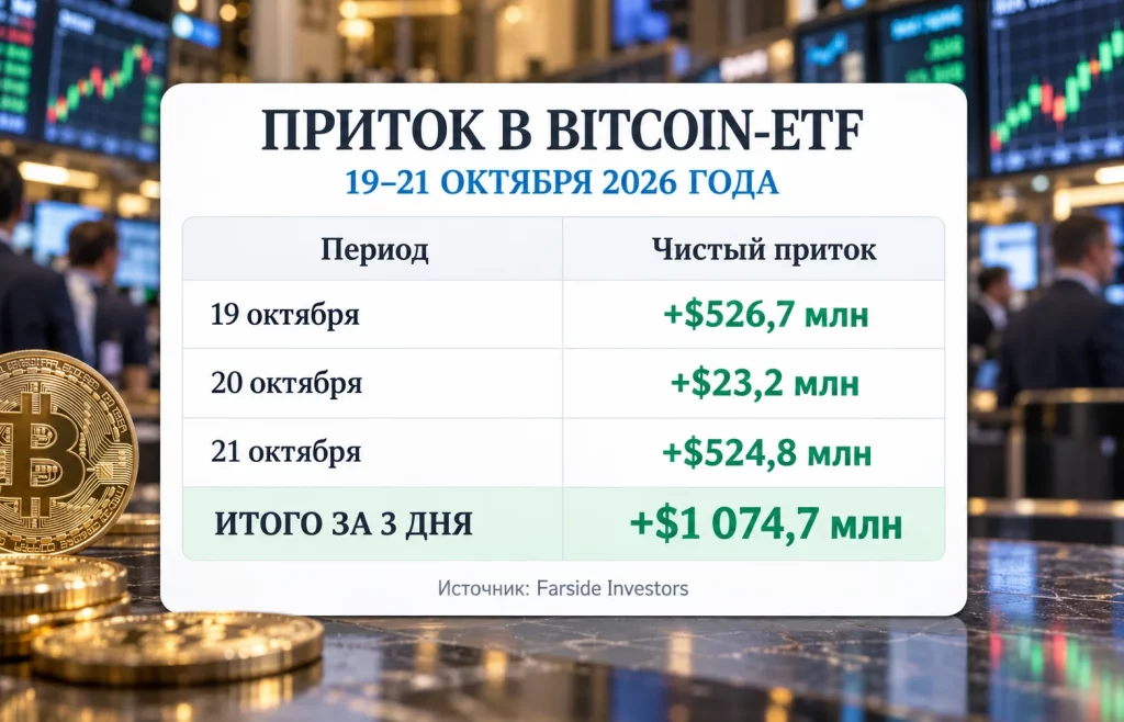 Почему падает биткоин: приток $525 млн не спас BTC 1 Таблица чистого притока средств в спотовые Bitcoin-ETF за три торговых дня октября
