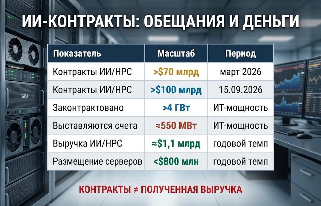 Майнеры биткоина уходят в ИИ: сделки свыше $100 млрд 2 Сравнение стоимости ИИ-контрактов биткоин-майнеров с законтрактованными мощностями и годовой выручкой