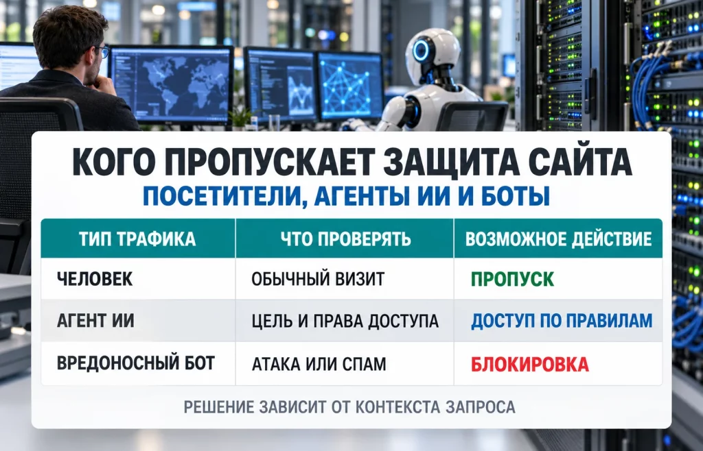 Таблица действий системы защиты для обычных посетителей, разрешённых агентов ИИ и вредоносных ботов