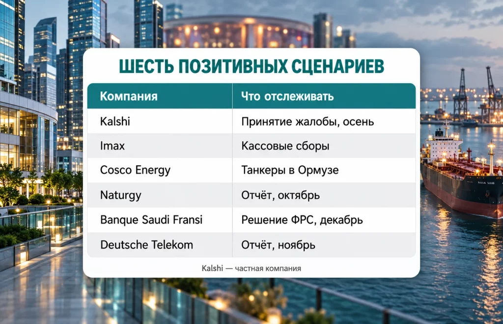 Таблица событий для Kalshi, Imax, Cosco Energy, Naturgy, Banque Saudi Fransi и Deutsche Telekom