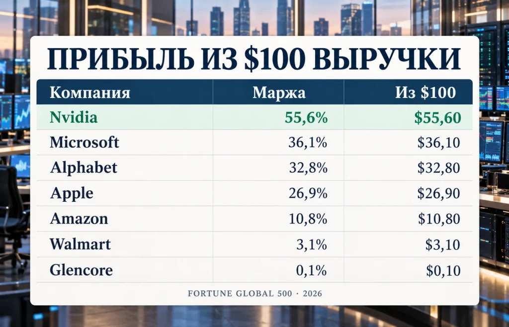 Сравнительная таблица чистой маржи Nvidia Microsoft Alphabet Apple Amazon Walmart и Glencore в 2026 году