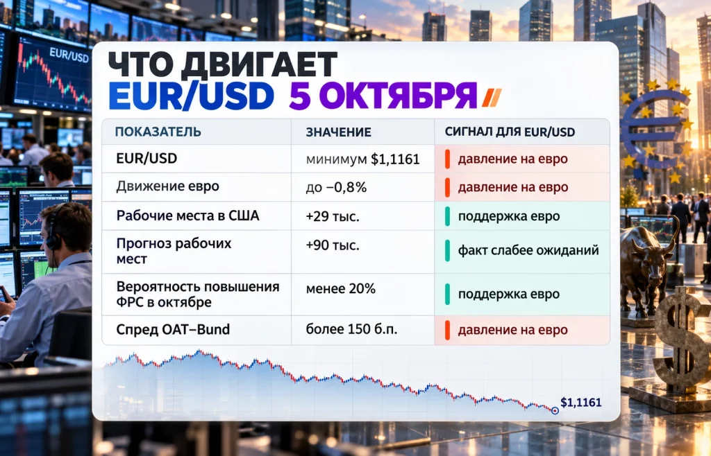 Таблица факторов EUR/USD с курсом $1,1161, данными США и спредом OAT–Bund
