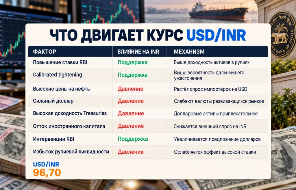 Таблица факторов поддержки и давления на индийскую рупию после повышения ставки RBI