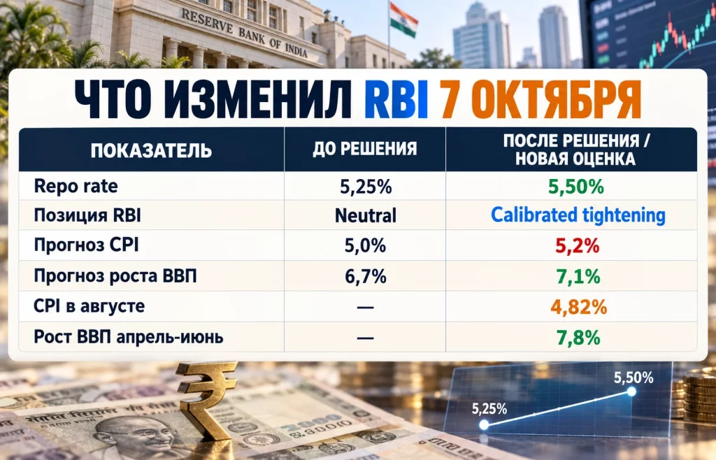 Таблица ставки RBI, прогнозов инфляции и ВВП Индии после заседания 7 октября
