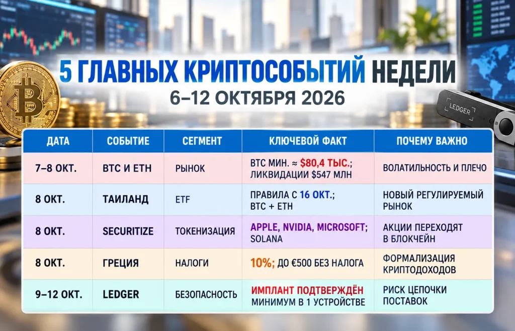 Дайджест криптоновостей за 12.10.2026: BTC под давлением 1 Таблица пяти главных событий крипторынка за неделю с Bitcoin, ETF, налогами и Ledger